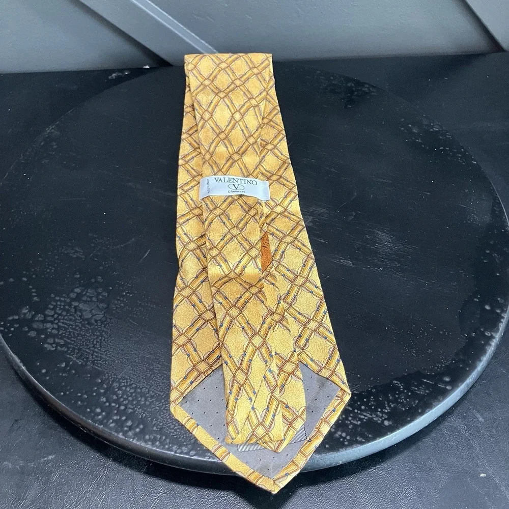 Valentino Cravatte Silk Necktie Gold Brown Blue Chain Link Geometric Made Italy